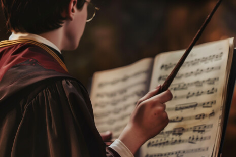 A young wizard studying Harry Potter sheet music at the piano, wand in hand, ready to play magical melodies with Simply Piano.